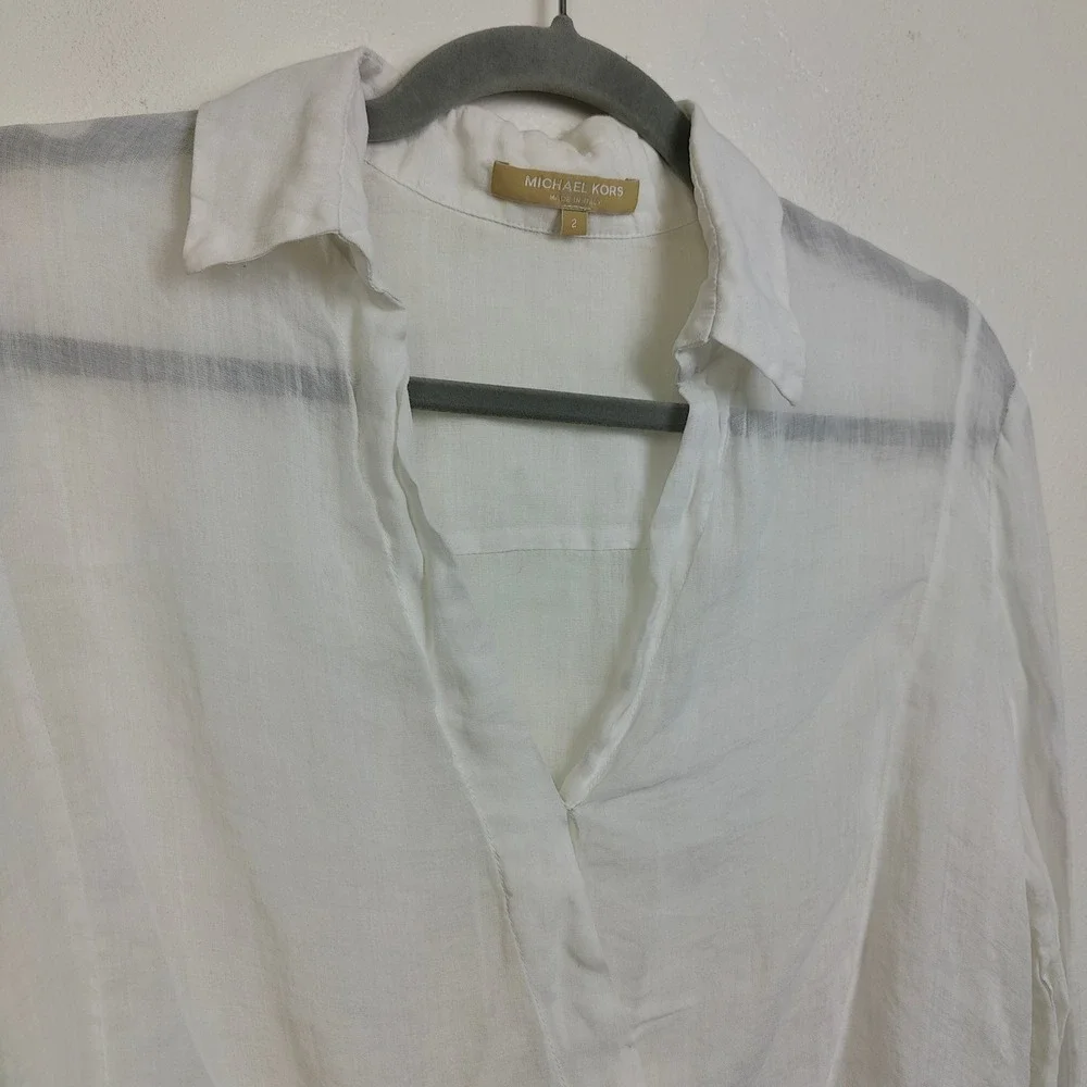 Michael Kors Women Top 2 White Surplice V-Neck Long Sleeve‎ Sheer Ramie Coastal